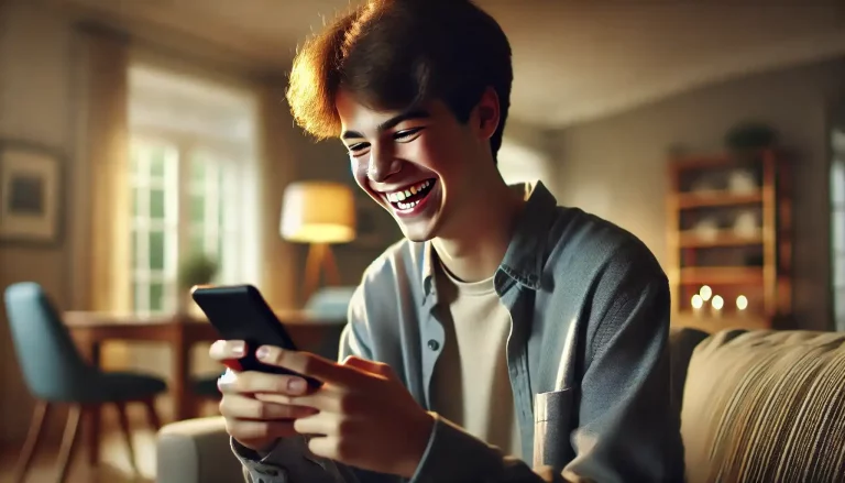 a laughing male teenager using a smartphone at home