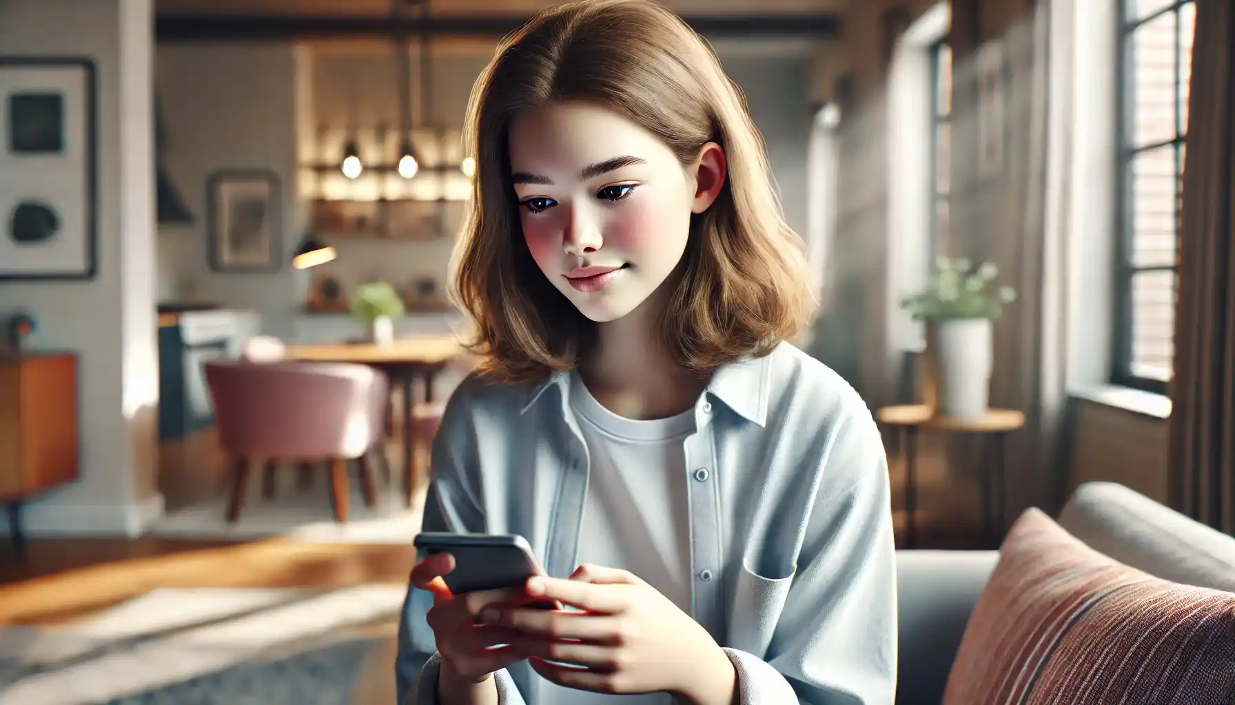 a female teenager using a smartphone. She is sitting in a cozy and modern living room, holding the phone in her hands and looking at it with interest.