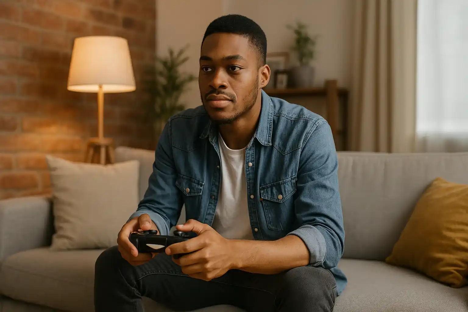 A young man smiles in quiet satisfaction as he finishes a game level.