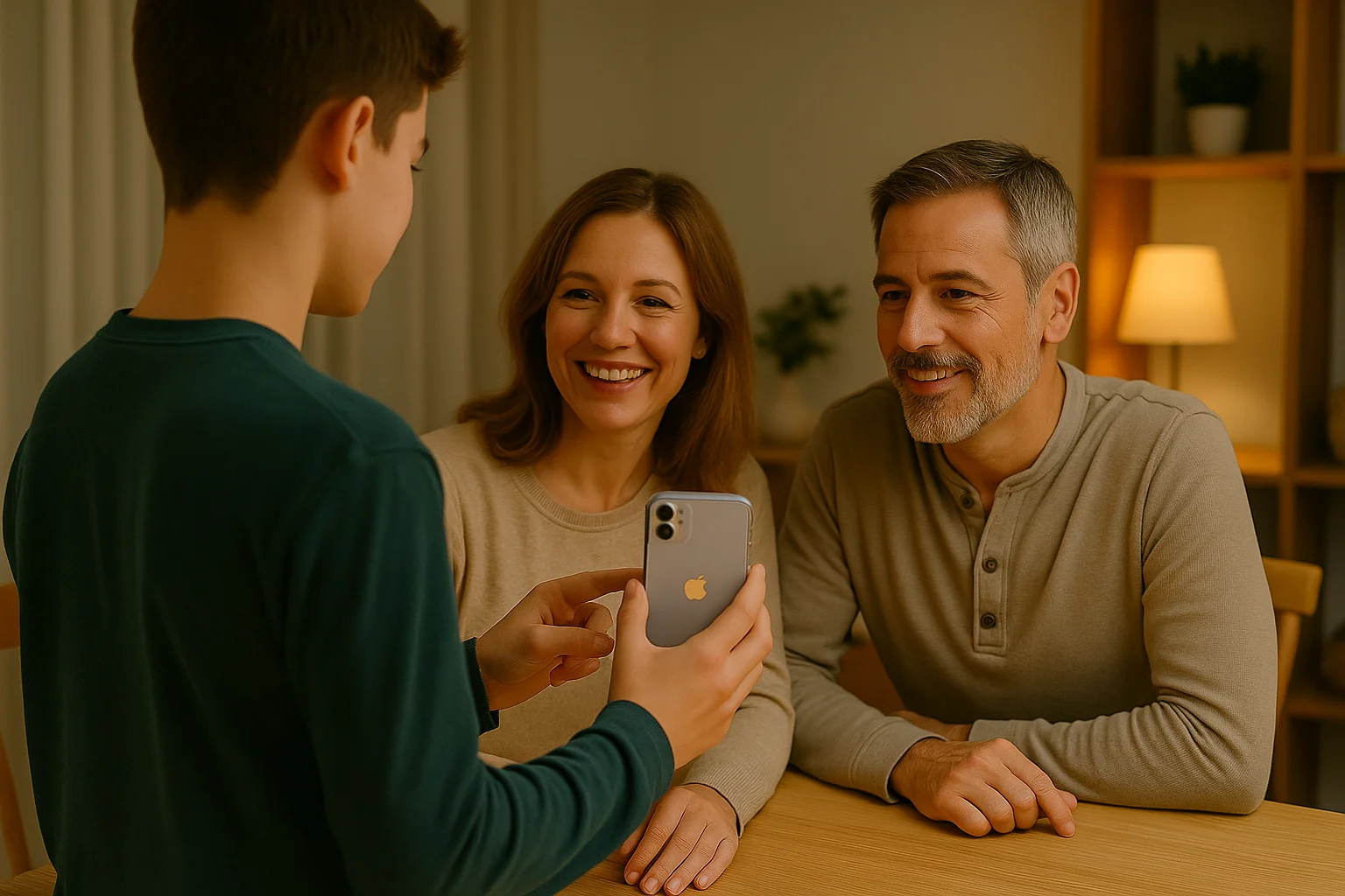 A teenager stands at the dining table showing an app to both parents, who engage with interest — turning digital safety into a family conversation.