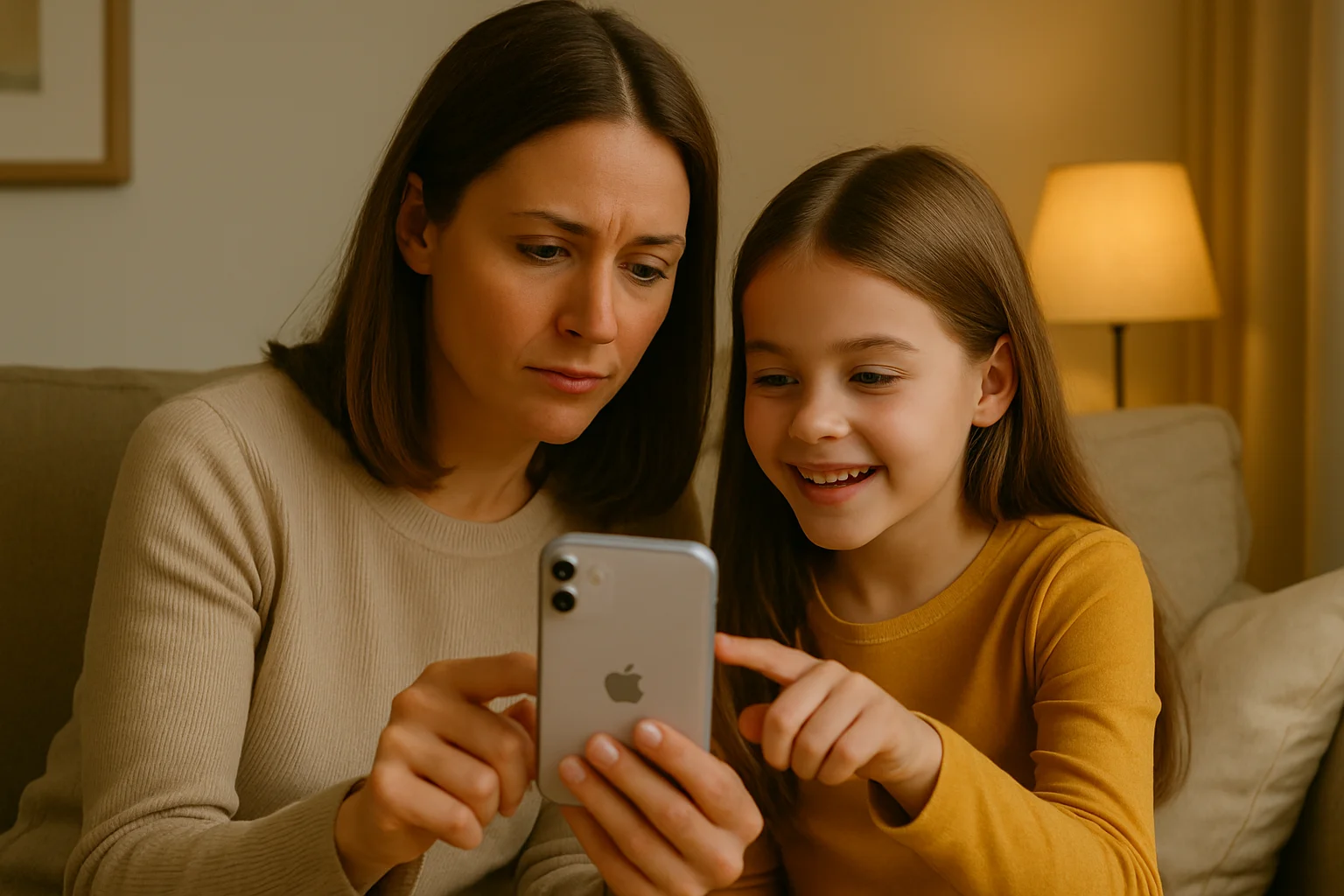 A mother and her young daughter sit together on the couch, thoughtfully reviewing an app on the iPhone as part of a shared decision-making moment.