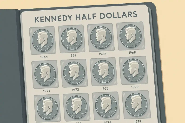 An album of Kennedy half dollars.