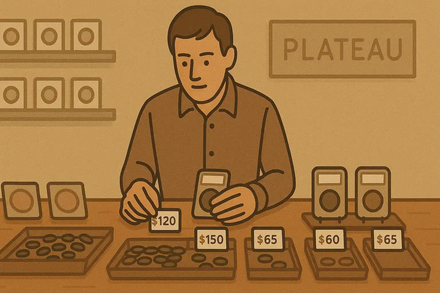 A dealer places new price tags on coins at the market.