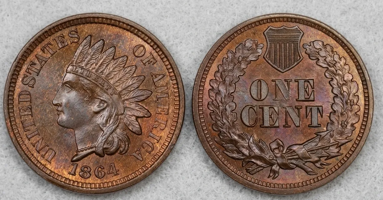 Macro close-up of an 1864 Indian Head penny coin