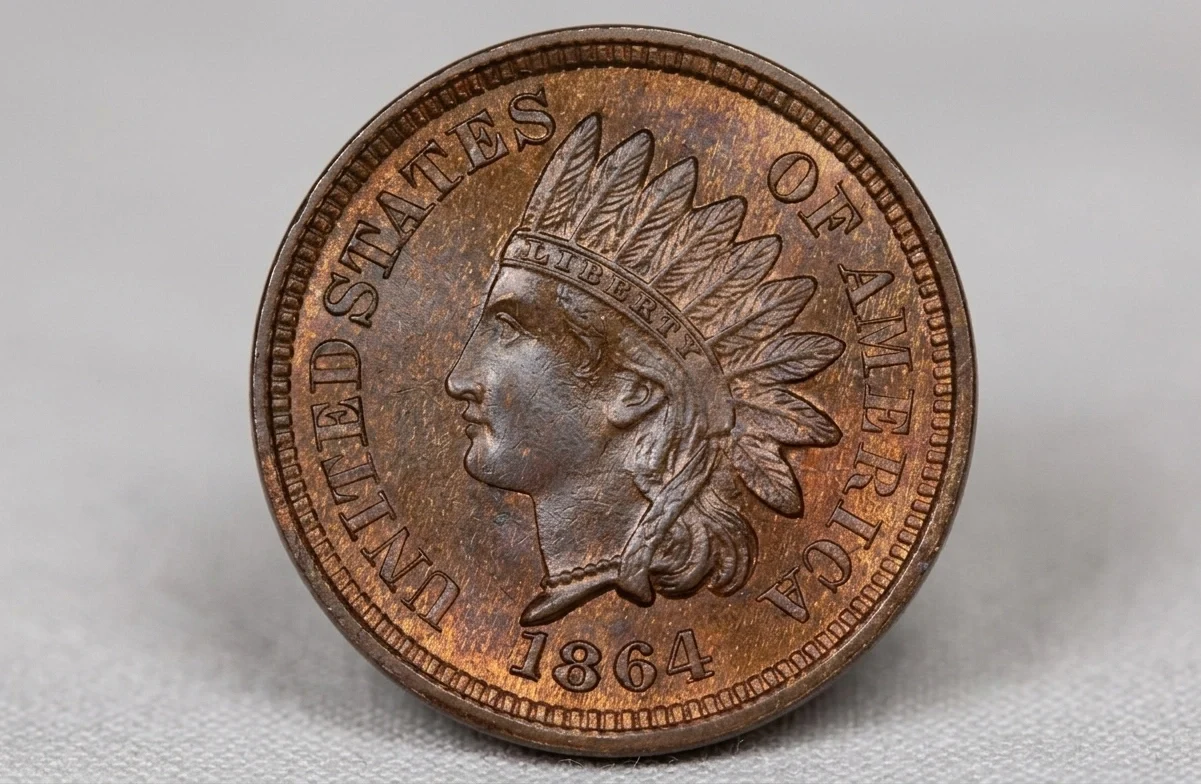 Macro close-up of an 1864 Indian Head penny coin